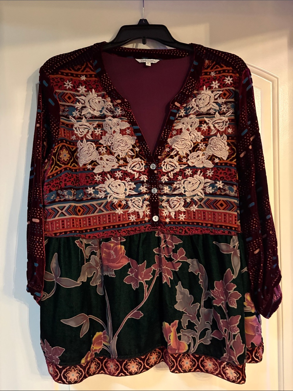 John Mark Burgundy and Teal Patterned Neckline Blouse